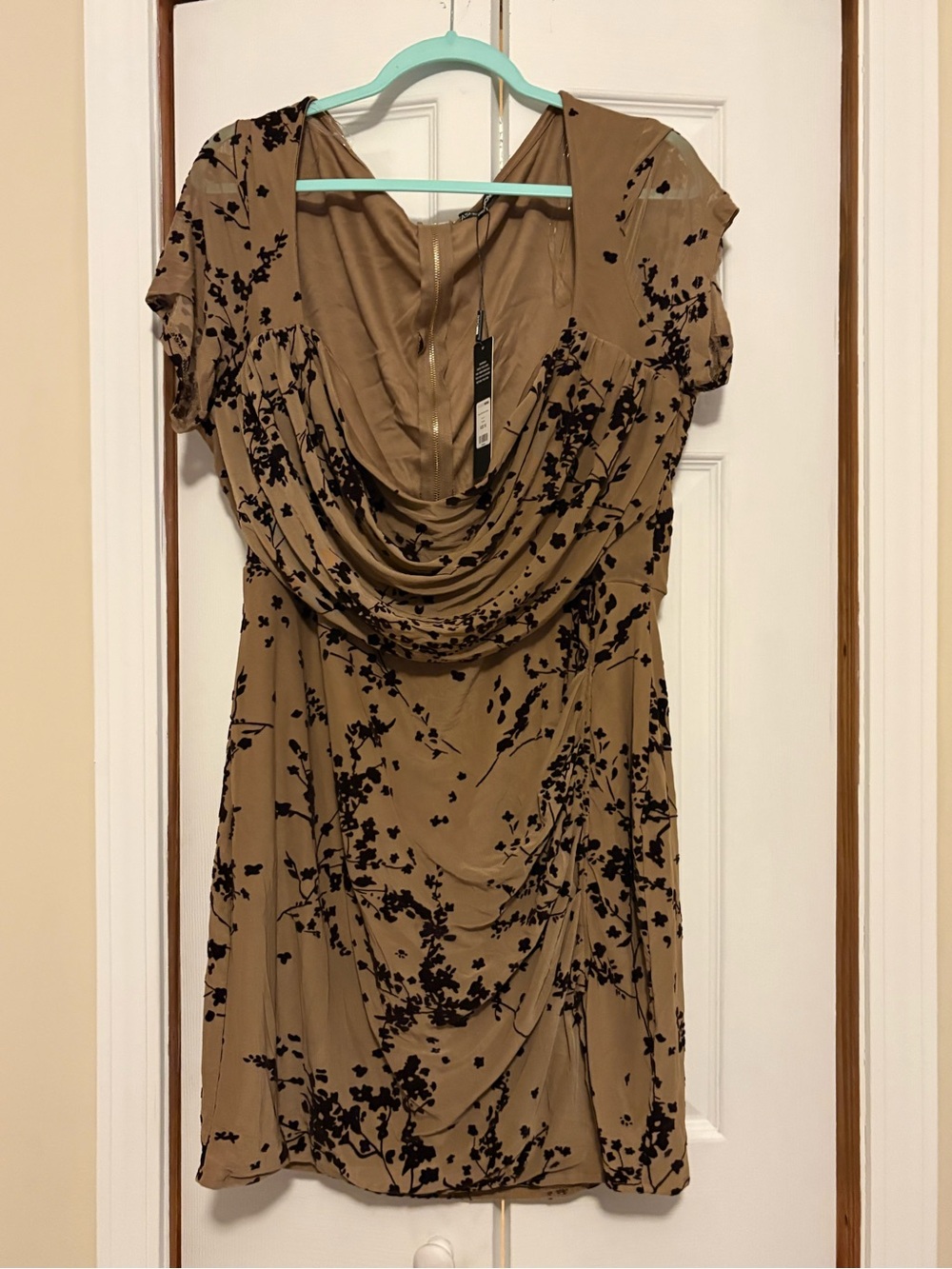 Fashion Nova Tan Midi Dress with Black Floral Print
